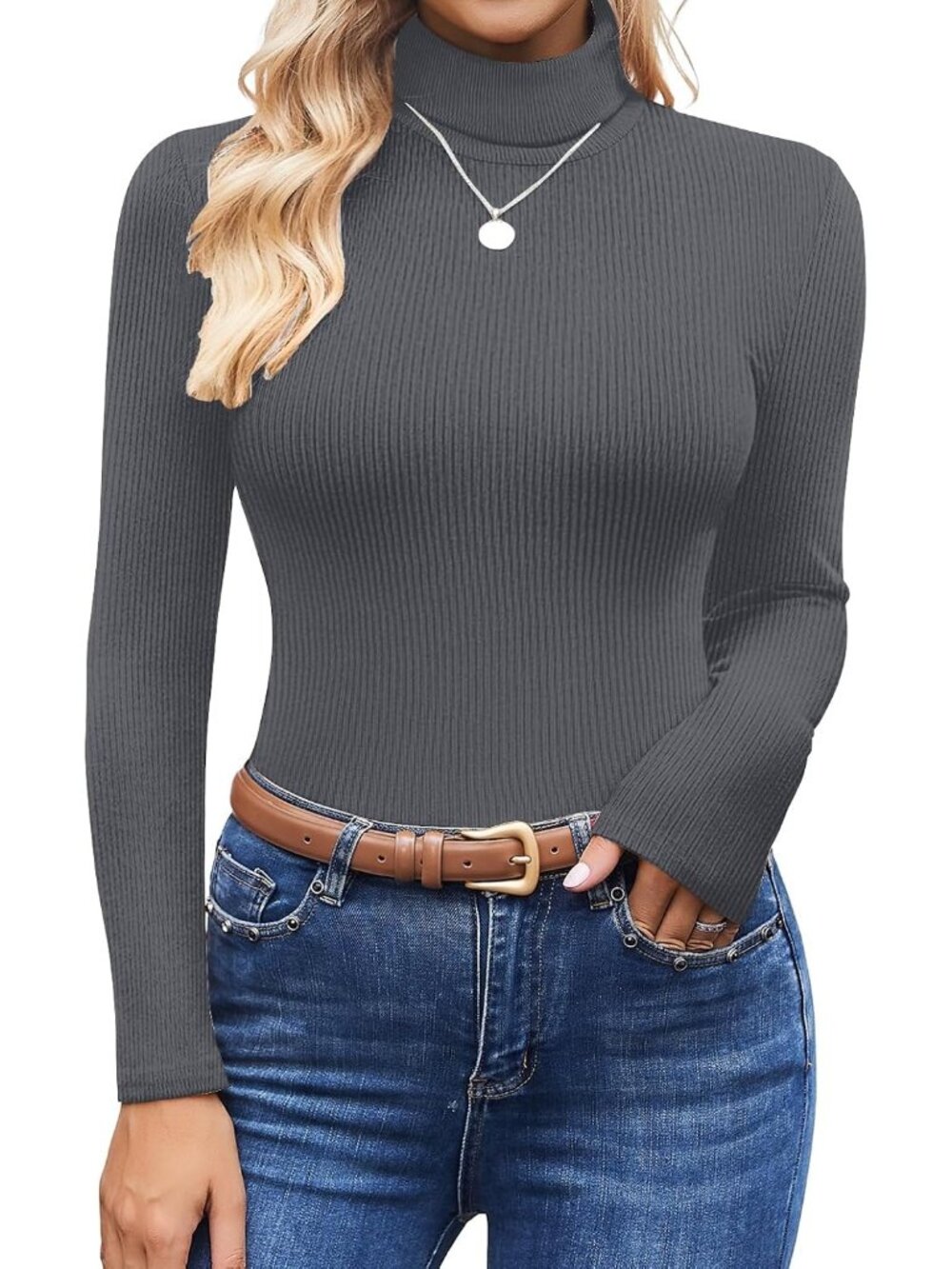 Women's Dark Grey Ribbed Knit Mock Turtleneck Long Sleeve Slim Fit Thermal Top